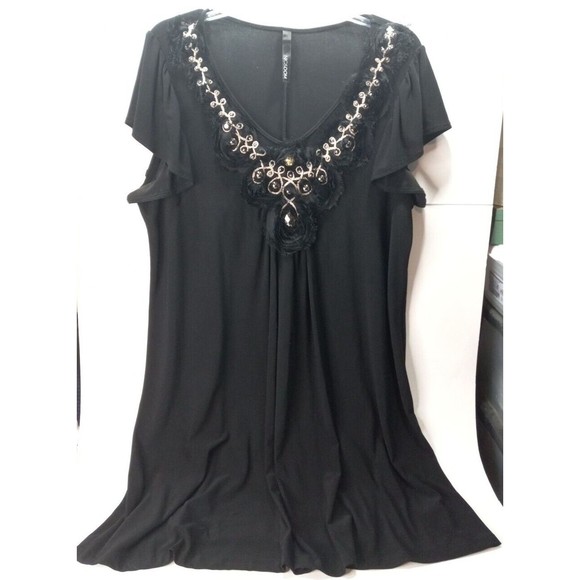 Nic & Dom 2X Black Swing Dress Embroidered Ribbon Metallic Jeweled Look Studs - Picture 1 of 8